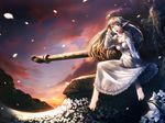  barefoot breasts brown_eyes brown_hair cleavage copyright_request dress elf feet flower ground_vehicle long_hair medium_breasts military military_vehicle motor_vehicle nature petals pointy_ears ruins simosi sitting solo tank wallpaper 