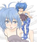  :p ahoge alternate_costume alternate_hairstyle blue_eyes blue_hair blue_legwear camisole cirno denim feet highres kuro_suto_sukii legs legwear_under_shorts pantyhose print_legwear short_hair short_shorts shorts snowflake_print snowflakes solo strap_slip tongue tongue_out touhou wings zoom_layer 