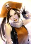  brown_eyes brown_hair fingerless_gloves gloves guilty_gear hat jurithedreamer long_hair may_(guilty_gear) open_mouth orange_hat orange_shirt pirate pirate_hat realistic shirt smile solo 