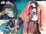  baldr_sky black_hair breasts camisole cleavage green_eyes hairband head_tilt highres kikuchi_seiji large_breasts long_hair nishino_aki skirt smile solo very_long_hair wallpaper zoom_layer 