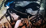  auer bad_id bad_pixiv_id bikini_top black_hair black_rock_shooter black_rock_shooter_(character) blue_eyes boots burning_eye chain coat flat_chest highres long_hair midriff navel pale_skin scar shorts solo sword twintails weapon 