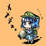  backpack bad_id bad_pixiv_id bag blue_eyes blue_hair boots chibi full_body hair_bobbles hair_ornament hat kawashiro_nitori mano_(shampoohatter) motion_blur short_hair simple_background skirt solo touhou translation_request turtle two_side_up 