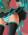  black_legwear blouse blue_panties close-up dr_rex green_hair hatsune_miku lace lace-trimmed_panties long_hair miniskirt necktie panties pleated_skirt skirt striped striped_panties thighhighs underwear very_long_hair vocaloid 