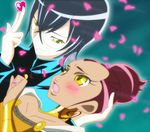  1girl blue_hair blush cherry_blossoms curly_hair eyelashes glasses green_eyes hair_up hanasaki_sora heart heartcatch_precure! precure red_hair sasorina shin_(irowanioedo) spoilers yellow_eyes 