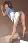  against_wall arched_back ass bent_over brown_hair jiyu2 kneepits legs looking_back original panties short_hair skirt skirt_lift solo striped striped_panties underwear 