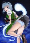  acrylic_paint_(medium) ass bad_id bad_pixiv_id bangs banned_artist black_hairband blue_eyes bob_cut ghost hairband katana konpaku_youmu konpaku_youmu_(ghost) legs looking_back panties petticoat sarah_sauge shoes short_hair silver_hair socks solo striped striped_panties sword touhou traditional_media underwear weapon white_legwear 