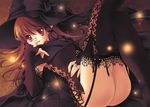  :d blush bridal_gauntlets brown_hair finger_to_mouth full_body garter_straps hat legs_up looking_at_viewer lying nishiwaki_yuuri no_panties on_back open_mouth original parted_lips pointy_ears red_eyes smile solo ss tareme thighhighs witch witch_hat 
