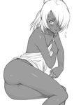  artist_request ass blush crossdressing dark_skin dark_skinned_male embarrassed greyscale gundam hair_over_one_eye laura_rolla loran_cehack male_focus monochrome naked_towel otoko_no_ko solo surprised towel turn_a_gundam 