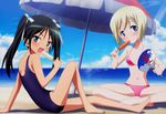  artist_request barefoot beach beach_umbrella bikini black_hair blonde_hair blue_eyes blush day erica_hartmann fan fang feet flat_chest food francesca_lucchini green_eyes highres indian_style light_rays multiple_girls navel ocean one-piece_swimsuit paper_fan popsicle short_hair sitting strike_witches sunbeam sunlight swimsuit twintails uchiwa umbrella world_witches_series 