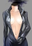  black_bodysuit bodysuit breasts celty_sturluson cleavage covered_nipples dullahan durarara!! full-length_zipper headless ikuyoan medium_breasts navel simple_background solo unzipping zipper 