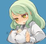  :o between_breasts blue_background blush breast_squeeze breasts cleavage dress_shirt green_hair large_breasts mota nose_blush original parted_lips self_fondle sexually_suggestive shirt simple_background solo teardrop tears upper_body yellow_eyes 
