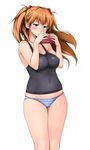 blue_eyes blush breasts cameltoe curvy handheld_game_console impossible_clothes impossible_shirt long_hair medium_breasts neon_genesis_evangelion nintendo_ds panties shinozuka_jouji shirt simple_background solo souryuu_asuka_langley striped striped_panties tank_top thighs two_side_up underwear 