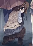  ass bad_id bad_pixiv_id black_legwear blush brown_eyes brown_hair celebi_ryousangata hair_ornament hairclip hirasawa_yui k-on! panties panties_under_pantyhose pantyhose rain school_uniform short_hair skirt solo_focus sweater_vest translated umbrella underwear water wet wet_clothes 