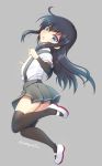  1girl arm_warmers asashio_(kantai_collection) black_hair black_legwear blue_eyes dress_shirt highres kantai_collection long_hair looking_at_viewer mary_janes open_mouth shirt shoes skirt solo suspenders tamayan thighhighs twitter_username 