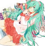  bad_id bad_pixiv_id bunny doll doll_hug green_eyes green_hair hatsune_miku highres long_hair lots_of_laugh_(vocaloid) mikaru9mikaru one_eye_closed school_uniform scrunchie serafuku skirt socks solo stuffed_animal stuffed_bunny stuffed_toy twintails very_long_hair vocaloid 