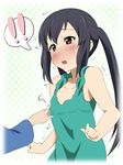  1girl bad_id bad_pixiv_id black_hair blush breast_poke embarrassed face flat_chest groping ikari_manatsu k-on! nakano_azusa poking solo_focus sweatdrop trembling twintails 