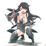  armpits black_hair blood breasts choker cleavage elbow_gloves gloves hekeniko highres kneeling knife large_breasts leotard long_hair original red_eyes solo thighhighs 