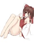  barefoot bow brown_eyes brown_hair detached_sleeves feet full_body hair_bow hakurei_reimu murakami_(eito) no_pants panties solo touhou underwear 