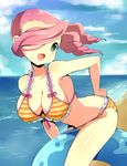  beach bikini blue_eyes breasts cleavage day drill_hair inazuma_eleven inazuma_eleven_(series) large_breasts pink_hair sasoribi-dekine solo swimsuit takanashi_shinobu 