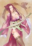  bare_shoulders breasts brown_hair chinese chinese_clothes cleavage demmy dong_fang_shou dress frills genderswap genderswap_(mtf) glasses hair_ornament hanfu highres jewelry large_breasts long_hair necklace original purple_eyes scroll side_slit sleeves_past_wrists solo thighhighs 