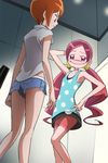  armpit_peek armpits bike_shorts blush denim denim_shorts flat_chest forced_smile hanasaki_tsubomi haruyama_kazunori heartcatch_precure! long_hair multiple_girls orange_hair panties pantyshot pink_eyes pink_hair polka_dot pose precure shirt short_hair short_shorts shorts smile sweatdrop t-shirt tsuyuki_karin twintails underwear upshorts upskirt very_long_hair yellow_panties 