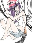  adjusting_hair android bare_shoulders barefoot baseball_cap breasts cable chii chobits cleavage clothes_writing crop_top dr._slump feet hair_tousle hat large_breasts legs long_hair marin_(ririkare) navel no_bra norimaki_arale parody purple_eyes purple_hair shirt shorts sideboob sitting sleeveless sleeveless_shirt solo striped traditional_media winged_hat 