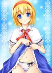  alice_margatroid blonde_hair blue_eyes capelet dress dress_lift hairband nikoo panties short_hair solo touhou underwear white_capelet 