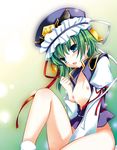  amou_mari blue_eyes blush bottomless flat_chest green_hair hat jpeg_artifacts nipples no_bra no_panties open_clothes open_shirt shiki_eiki shirt short_hair solo touhou 