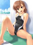  barefoot blush breasts brown_eyes brown_hair cameltoe competition_swimsuit covered_nipples highres kagehara_hanzou leg_up misaka_mikoto navel one-piece_swimsuit shadow sitting small_breasts smile solo spread_legs swimsuit to_aru_kagaku_no_railgun to_aru_majutsu_no_index 