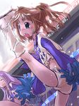  axe_kick boots brown_hair cheerleader dallas_cowboys espn football green_eyes high_kick idolmaster idolmaster_(classic) kicking long_hair mitsubishi_electric miura_azusa mtr multiple_girls national_football_league open_mouth pom_poms purple_hair scrunchie shorts star sweat takatsuki_yayoi text_focus 