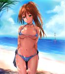  bad_id bad_pixiv_id beach bikini breasts brown_hair collarbone dappled_sunlight day green_eyes long_hair medium_breasts micro_bikini ocean original outdoors ponytail sand sayika shade solo standing sunlight swimsuit water 