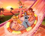  bikini blonde_hair breasts brown_hair cleavage covered_nipples crown hair_over_one_eye image_sample inflatable_raft large_breasts mario_(series) midna midna_(true) multiple_girls nintendo pixiv_sample princess_daisy princess_peach rosetta_(mario) sigurd_hosenfeld splashing spoilers super_mario_bros. swimsuit the_legend_of_zelda the_legend_of_zelda:_twilight_princess water_slide 