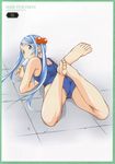  :&gt;= absurdres ass back barefoot blue_eyes blue_hair border child crossed_legs earrings feet fingernails flat_chest food from_behind hair_bobbles hair_ornament highres ikkitousen ikkitousen_dragon_destiny jewelry legs legs_up long_fingernails long_hair looking_back lying magatama magatama_earrings official_art on_ground on_stomach one-piece_swimsuit popsicle school_swimsuit shiozaki_yuji shokatsuryou_koumei solo swimsuit the_pose trefoil twintails very_long_hair 