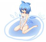  aokichi bare_shoulders barefoot blue_eyes blue_hair blush bow cirno error hair_bow ice see-through short_hair sitting solo strap_slip tongue touhou wariza wet wet_clothes 