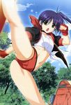  absurdres blue_hair buruma cameltoe camping choker cloud day error fingerless_gloves gloves green_eyes gym_uniform higa_yukari highres isis_eaglet jacket kicking legs lyrical_nanoha mahou_senki_lyrical_nanoha_force midriff motion_blur motion_lines navel nyantype punching_bag scenery shirt sky solo tank_top tent thighs tied_shirt tree 