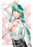  ;p artist_request breasts choker cleavage green_hair large_breasts long_hair morrigan_aensland one_eye_closed shirt solo tongue tongue_out vampire_(game) white_shirt 