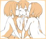  cheek_kiss double_cheek_kiss flat_chest food food_on_face fork girl_sandwich hamao hirasawa_yui k-on! kiss monochrome multiple_girls nakano_azusa nude one_eye_closed sandwiched tainaka_ritsu yuri 