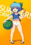  blue_eyes blue_hair blueberry_(5959) bow character_name cirno food fruit hair_bow highres holding holding_food holding_fruit panties popsicle sandals short_hair solo touhou underwear watermelon watermelon_bar wings 