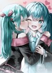  2girls aqua_hair bare_shoulders blue_eyes commentary_request hatsune_miku honey_whip_(module) kiss kissing_cheek long_hair looking_at_viewer multiple_girls open_mouth shirubaa sweet_devil_(vocaloid) teeth twintails upper_teeth very_long_hair vocaloid 