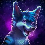  1:1 anthro backlighting black_nose black_stripes blue_body blue_fur blue_hair bust_portrait canid cheek_tuft chest_tuft cosmic_background ear_tuft facial_tuft fangs fur glistening glistening_eyes glistening_nose hair light lighting looking_at_viewer male mammal mylafox nebula neck_tuft nude open_mouth open_smile pink_tongue portrait purple_eyes short_hair smile solo space space_background star stripes text tongue tuft url 