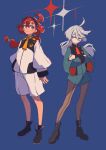  2girls absurdres ahoge ankle_boots aqua_eyes asticassia_school_uniform black_footwear black_hairband black_socks blue_background blush boots commentary_request cowlick crossed_arms eyelashes full_body green_jacket green_shorts grey_eyes grey_hair gundam gundam_suisei_no_majo hair_between_eyes hairband high_heels highres jacket long_hair long_sleeves looking_at_another low_ponytail medaka_(user_ucft3727) miorine_rembran multiple_girls necktie pantyhose parted_lips red_hair red_necktie school_uniform shiny shiny_hair shorts socks sparkle standing suletta_mercury thick_eyebrows white_jacket white_shorts wide_sleeves yellow_necktie 