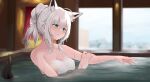  1girl ahoge animal_ear_fluff animal_ears bangs bathing blurry blurry_background blush breasts commentary_request extra_ears fox_ears fox_girl fox_tail hair_between_eyes hair_up hololive indoors long_hair medium_breasts nude outstretched_arm shirakami_fubuki sidelocks signature tail virtual_youtuber wet white_hair yukidaruma718 