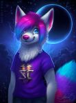  2017 anthro black_bottomwear black_clothing black_pants blue_body blue_eyes blue_fur blue_hair bottomwear canid closed_smile clothed clothing cloud dated fluffy fluffy_tail front_view fur glistening glistening_nose hair half-length_portrait heterochromia male mammal markings mouth_closed multicolored_body multicolored_fur multicolored_hair mylafox neck_tuft pants pink_body pink_eyes pink_fur pink_hair pink_nose planet portrait purple_body purple_clothing purple_fur purple_shirt purple_t-shirt purple_topwear shirt signature solo standing star striped_markings striped_tail stripes t-shirt tail_markings topwear tuft two_tone_hair white_body white_fur 
