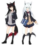  absurdres ahoge animal_ear_fluff animal_ears bag bangs black_hair black_socks blazer blue_jacket bow bowtie braid brown_cardigan cardigan collared_shirt commentary_request extra_ears fox_ears fox_girl fox_tail full_body green_eyes hair_between_eyes highres hiyashinssu hololive hood hoodie jacket kurokami_fubuki long_hair looking_at_viewer multicolored_hair open_clothes open_jacket pentagram plaid plaid_skirt pleated_skirt red_bow red_bowtie red_eyes red_hair shirakami_fubuki shirt shoulder_bag sidelocks simple_background single_braid skirt smile socks streaked_hair tail white_background white_hair white_hoodie white_shirt 