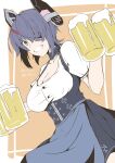  1girl alcohol apron beer beer_mug blue_skirt bodice breasts commentary_request cup dirndl dress eyepatch german_clothes grey_apron grin headgear highres holding kantai_collection large_breasts looking_at_viewer mug pinafore_dress puffy_short_sleeves puffy_sleeves purple_hair short_hair short_sleeves skirt smile solo taira_yuuki tenryuu_(kancolle) waist_apron waitress yellow_eyes 