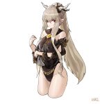  1girl absurdres arknights bangs black_one-piece_swimsuit breast_hold breasts covered_navel cropped_legs detached_sleeves grey_hair groin highres horns large_breasts long_hair looking_at_viewer pointy_ears prossss red_eyes shining_(arknights) shining_(silent_night)_(arknights) sidelocks signature simple_background solo swimsuit white_background 