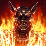  1:1 anthro bust_portrait canid fangs fire front_view glistening glistening_body glistening_nose glowing glowing_eyes grey_body grey_nose looking_at_viewer machine male mammal mylafox portrait robot simple_background solo text url 