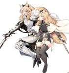  2girls :d animal_ears arknights armor aunt_and_niece bangs black_footwear black_headwear black_shirt black_thighhighs blemishine_(arknights) blonde_hair breastplate cape commentary_request fur_trim greaves hat highres holding holding_sword holding_weapon horse_ears long_hair looking_at_another mini_hat multiple_girls open_mouth pauldrons shirt shoes shoulder_armor signal_1120 simple_background smile sword thighhighs thighs vambraces weapon whislash_(arknights) white_background white_cape yellow_eyes 