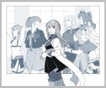  6+girls commentary_request cowboy_shot gambier_bay_(kancolle) gloves greyscale hornet_(kancolle) intrepid_(kancolle) kantai_collection langley_(kancolle) long_hair monochrome multiple_girls neckerchief pencil_skirt ponytail ranger_(kancolle) saratoga_(kancolle) short_hair shorts skirt smokestack_hair_ornament solo_focus twintails weidashming window 