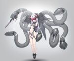  1girl absurdres arms_behind_back blade bound bound_arms breasts bridal_legwear earrings english_commentary floating full_body grey_background head-mounted_display highres jewelry long_hair mecha_musume mechanical_tentacles navel oota_youjo original plantar_flexion pointy_ears revealing_clothes science_fiction small_breasts solo tube white_hair 